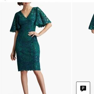 Tadashi Shoji Emerald Green Sequin Lace Bell Sleeve Cocktail Dress